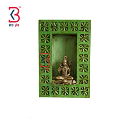 KB ART Wooden Green Frame Wall Shelf - Front View of Handcrafted Detailing - Handcrafted Wooden Decor Jodhpur