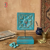 KB ART Blue Square Wooden Carved Table Accent - Front View of Handcrafted Detailing - Handcrafted Wooden Decor Jodhpur