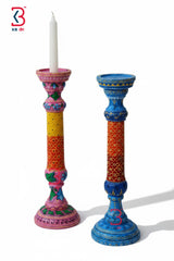 KB ART Colorful Handpainted Wooden Pillar Candle Holders - Front View of Handcrafted Detailing - Handcrafted Wooden Decor Jodhpur