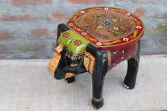 KB ART Handpainted Wooden Elephant Stool – 8 Inch Black & Red Misri Art | Handcarved Antique Look Home Decor & Gifting