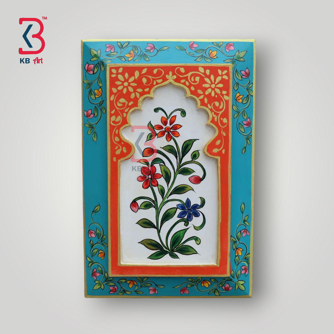 KB ART Handpainted Wooden Jharokha Wall Panel – Turquoise & Orange Floral Mughal Arch Decor | Antique Ethnic Wall Hanging