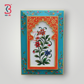 KB ART Handpainted Wooden Jharokha Wall Panel –  Turquoise & Orange Floral Mughal Arch Decor | Antique Ethnic Wall Hanging