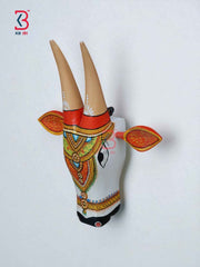 KB ART 11-Inch Wooden Handpainted Cow Head Wall Hanging  | White Pattachitra Bull/Nandi Mask | Indian Folk Art Home Decor  | Handmade in Jodhpur