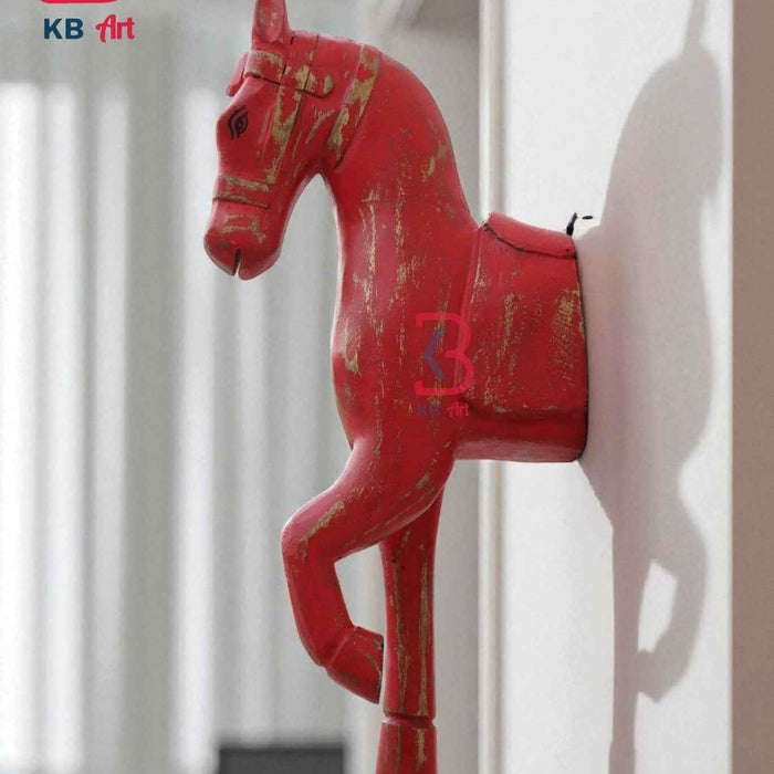 KB ART Rustic Wooden Horse Wall Decor - 16-Inch Orange Distressed Horse Head Wall Hanging with Golden Touch | Handcrafted Vintage-Style Rustic Indian Home Decor