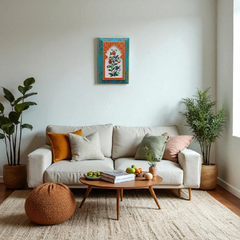 KB ART Handpainted Wooden Jharokha Wall Panel – Turquoise & Orange Floral Mughal Arch Decor | Antique Ethnic Wall Hanging