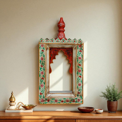 KB ART Handpainted Wooden Temple Wall Decor – White colour handpainted motifs Work Antique Look Handcarved Wall Hanging Mandir