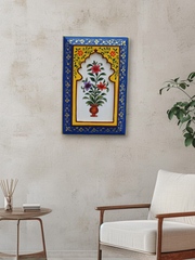 KB ART Handpainted Wooden Wall Jharokha Panel Arch Décor – Dark Blue & Yellow Floral Mughal Painting | Antique Look Home & Interior Decor