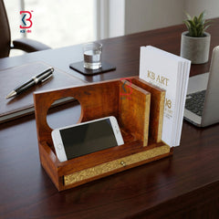 KB ART Wooden Book Stand Mobile Holder Drawer Clock - Side Angle Showing Finish and Craftsmanship - Handcrafted Wooden Decor Jodhpur