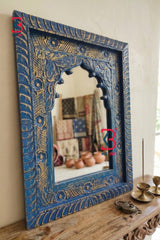 KB ART Jharokha Mirror Distressed Blue - Close-Up of Hand-Carved Artisan Texture - Handcrafted Wooden Decor Jodhpur