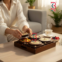 KB ART Luxury Wooden Dry Fruit Box Set with 4 Bowls and Serving Tray - Brass Inlay Work