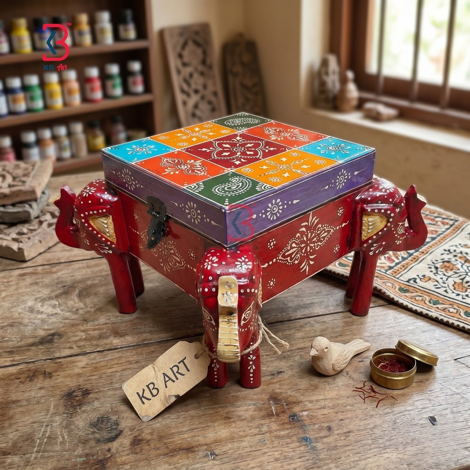 KB ART Elephant Storage Box - Front View of Handcrafted Detailing - Handcrafted Wooden Decor Jodhpur