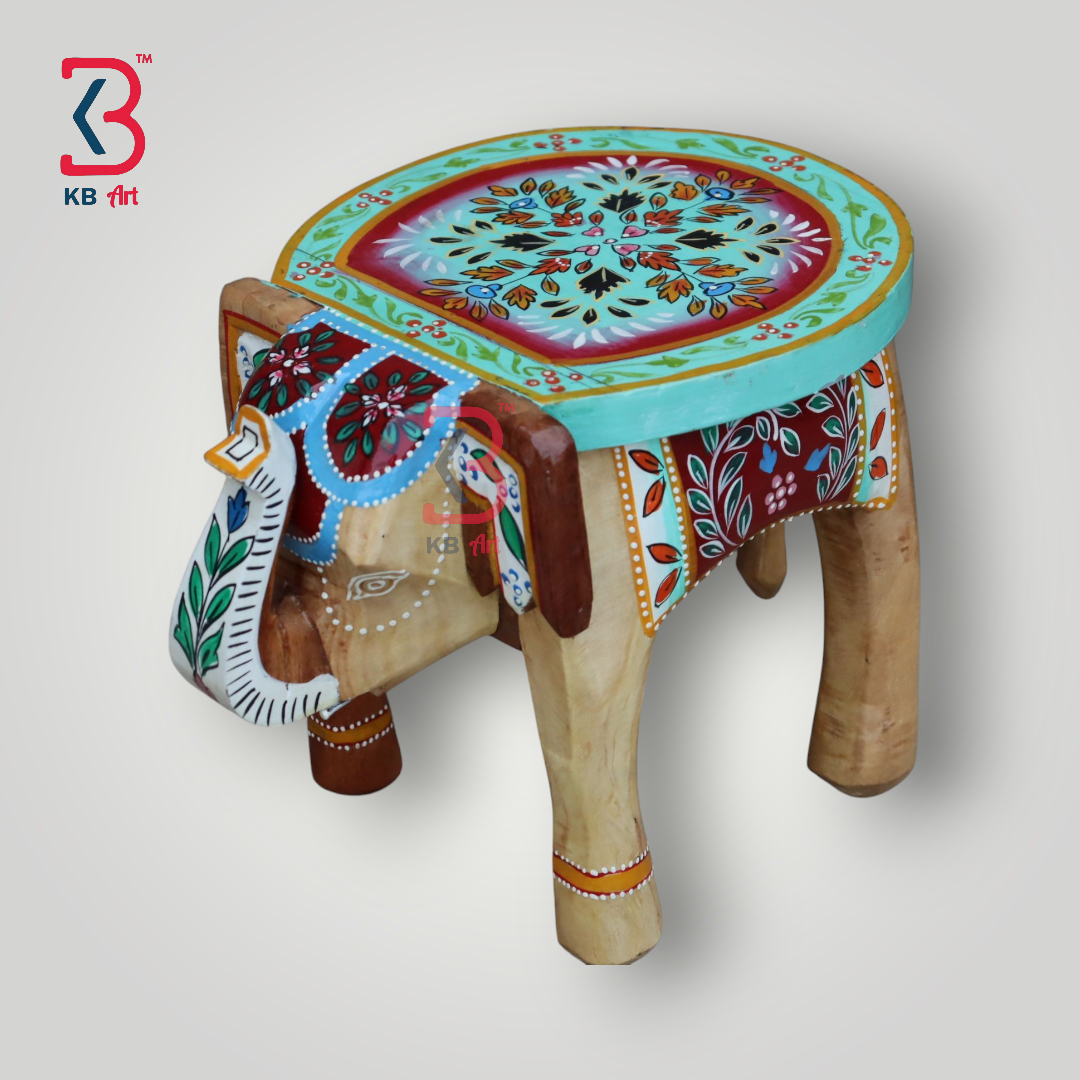 KB ART Handpainted Wooden Elephant Stool – 8 Inch Natural & Multicolour Misri Art | Antique Look Handcarved Home & Table Décor