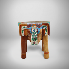 KB ART Handpainted Wooden Elephant Stool – 8 Inch Natural & Multicolour Misri Art | Antique Look Handcarved Home & Table Décor