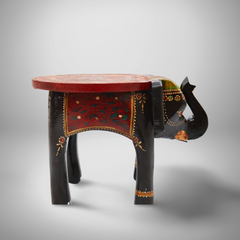 KB ART Handpainted Wooden Elephant Stool – 8 Inch Black & Red Misri Art | Handcarved Antique Look Home Decor & Gifting