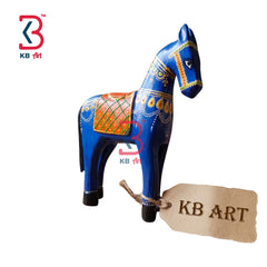KB ART Wooden Blue Traditional Indian Horse Figurine - Close-Up of Hand-Carved Artisan Texture - Handcrafted Wooden Decor Jodhpur
