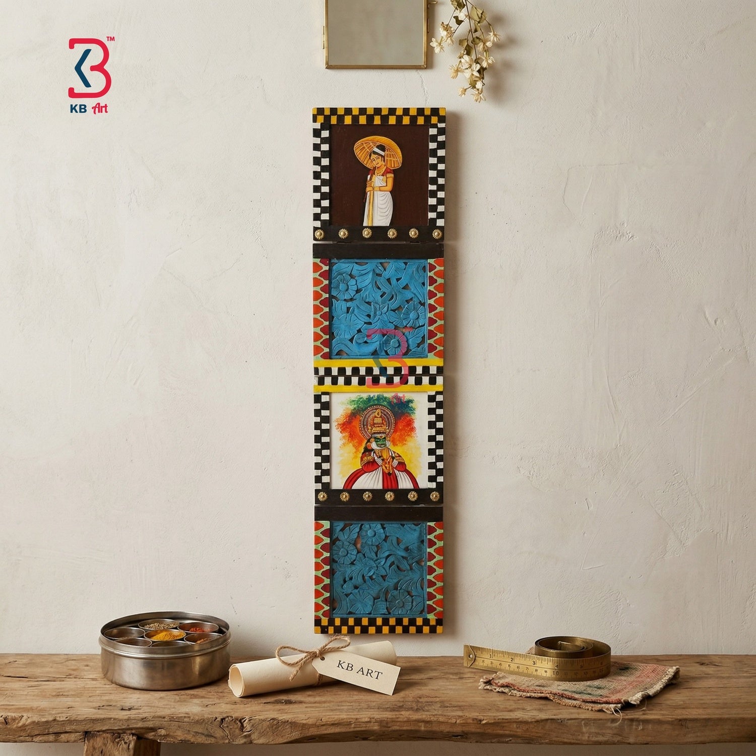KB ART Kerala Mural Big Wall Decor Gate - Close-Up of Hand-Carved Artisan Texture - Handcrafted Wooden Decor Jodhpur