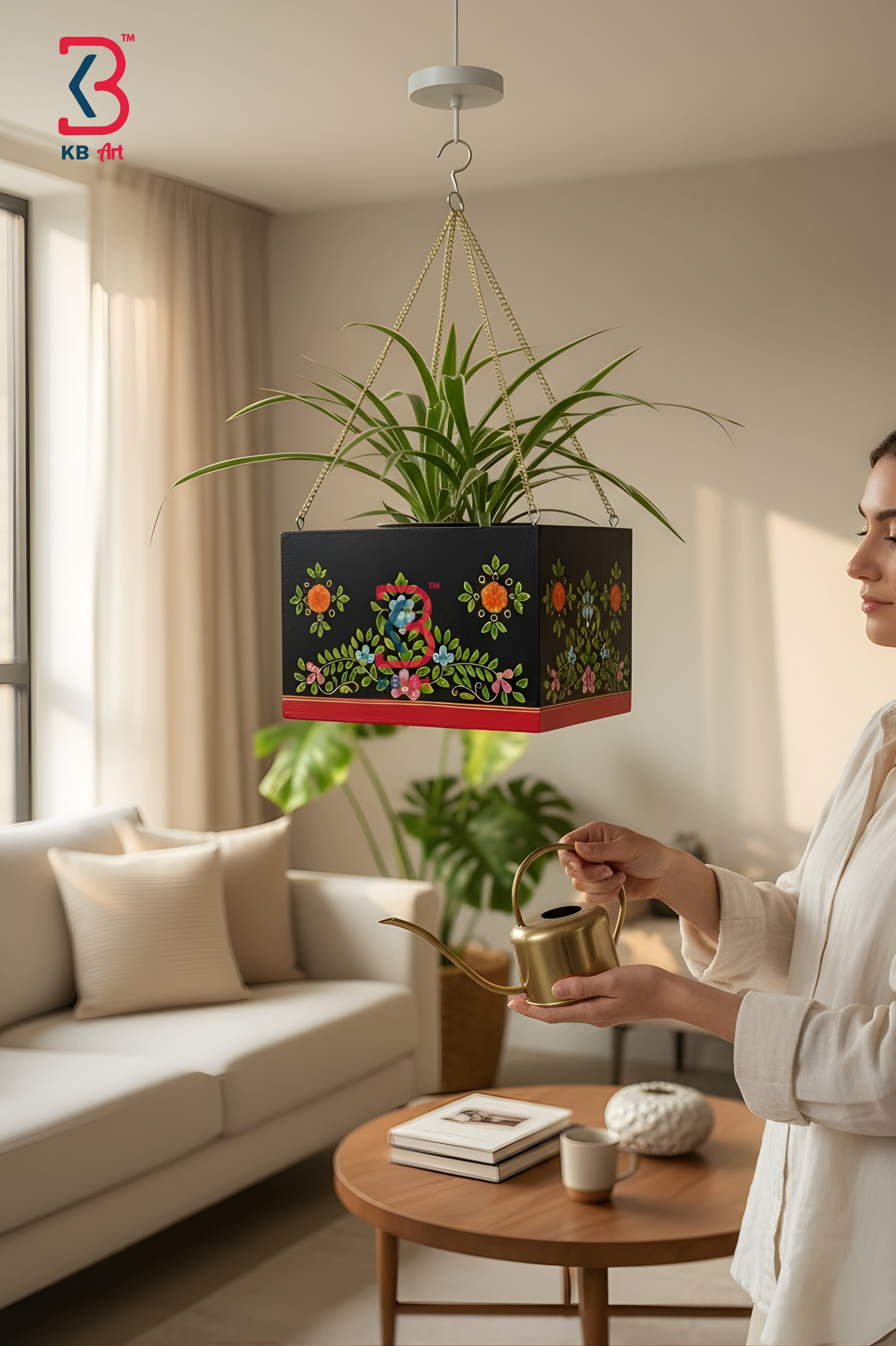 KB ART hand-painted black floral wooden hanging planter model featuring colorful vine motifs and a red bottom trim holding a green spider plant suspended by a golden chain.