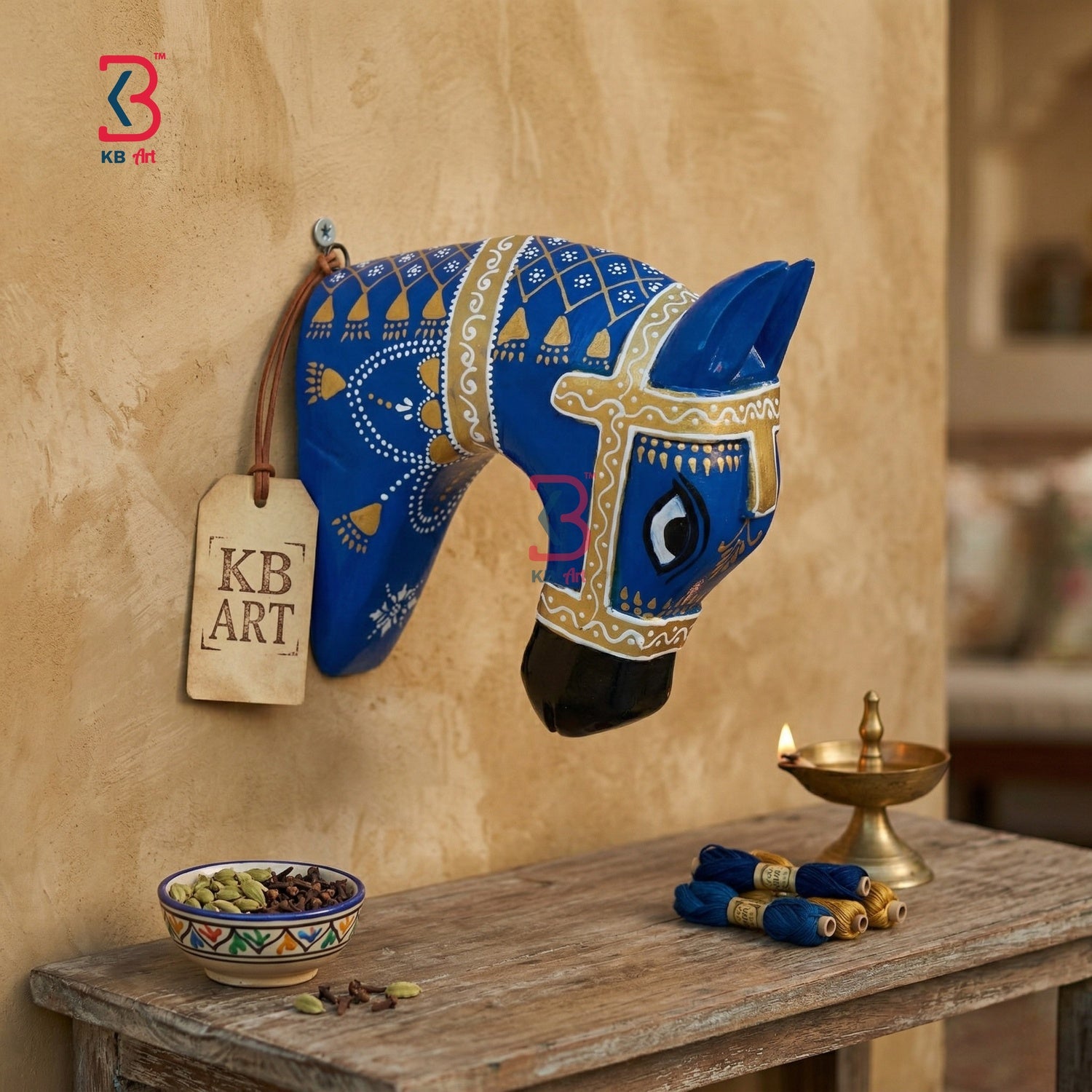 KB ART Half Horse Head Wall Decor - Front View of Handcrafted Detailing - Handcrafted Wooden Decor Jodhpur