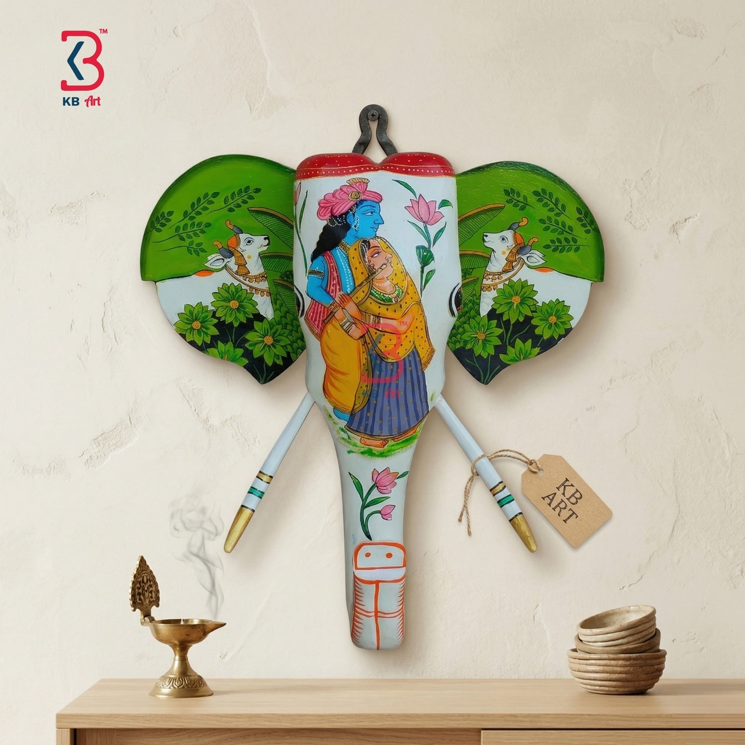 KB ART Wooden Elephant Head Radha Krishna 18inches - Close-Up of Hand-Carved Artisan Texture - Handcrafted Wooden Decor Jodhpur