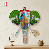 KB ART Wooden Elephant Head Radha Krishna 18inches - Close-Up of Hand-Carved Artisan Texture - Handcrafted Wooden Decor Jodhpur