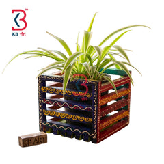 KB ART Vibrant Handpainted Wooden Slatted Planter Box - Front View of Handcrafted Detailing - Handcrafted Wooden Decor Jodhpur