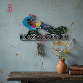 KB ART Hand Painted Peacock Key Stand - Front View of Handcrafted Detailing - Handcrafted Wooden Decor Jodhpur