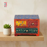 KB ART Wooden 3 Drawer Square Box - Front View of Handcrafted Detailing - Handcrafted Wooden Decor Jodhpur