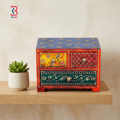 KB ART Wooden 3 Drawer Square Box - Front View of Handcrafted Detailing - Handcrafted Wooden Decor Jodhpur