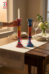 KB ART Colorful Handpainted Wooden Pillar Candle Holders - Styled Display in Home Interior Setting - Handcrafted Wooden Decor Jodhpur
