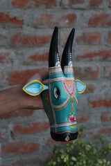 KB ART 11-Inch Wooden Handpainted Cow Head Wall Hanging  |Blue Pattachitra Bull/Nandi Mask | Indian Folk Art Home Decor  | Handmade in Jodhpur