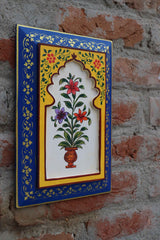KB ART Handpainted Wooden Wall Jharokha Panel Arch Décor – Dark Blue & Yellow Floral Mughal Painting | Antique Look Home & Interior Decor