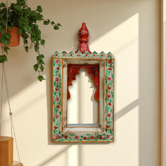 KB ART Handpainted Wooden Temple Wall Decor – White colour handpainted motifs Work Antique Look Handcarved Wall Hanging Mandir