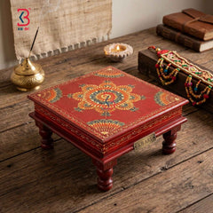 Handcrafted Wooden Red Mandala Bajot | Traditional Pooja Chowki & Low Stool