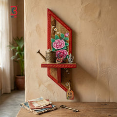 Side angle view of a traditional hand-painted Jodhpur handicraft wooden floating shelf made from natural mango wood grains.