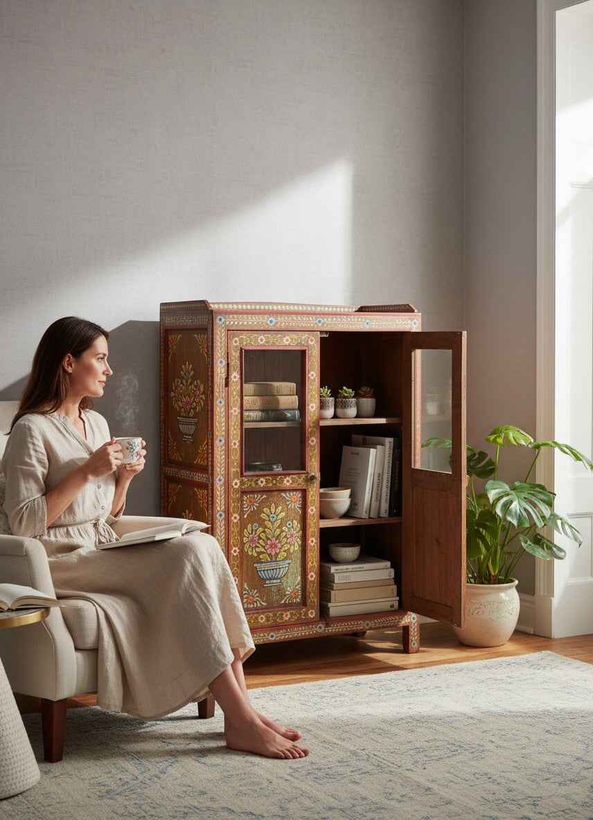 Authentic Solid Timber Solid Timber Antique Almirah from India - Traditionally Hand-Finished, No Two Pieces Alike, Sustainable Antique Furniture