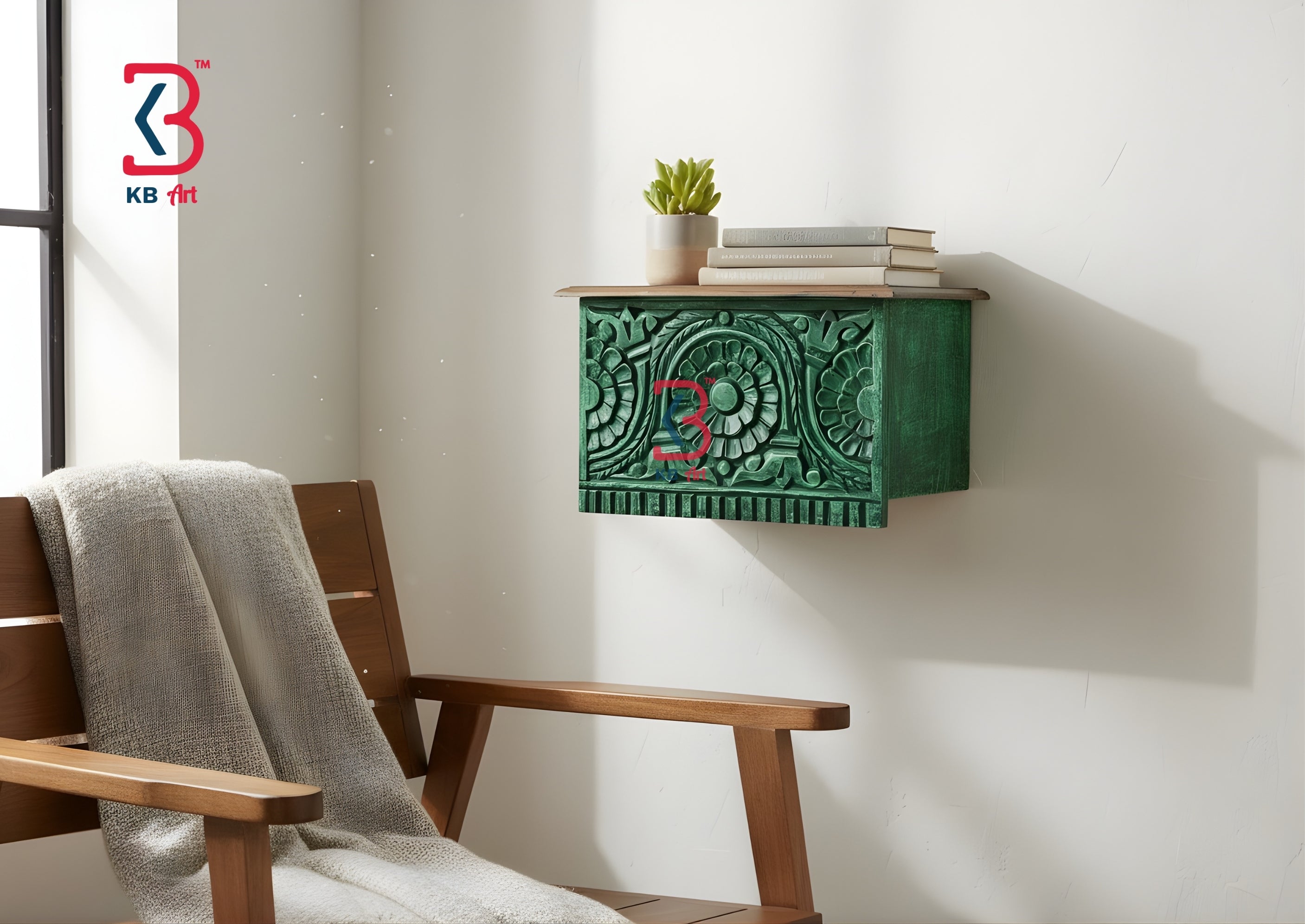 KB ART Wooden Big Carved Wall Shelf Dark Green - Front View of Handcrafted Detailing - Handcrafted Wooden Decor Jodhpur
