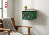 KB ART Wooden Big Carved Wall Shelf Dark Green - Front View of Handcrafted Detailing - Handcrafted Wooden Decor Jodhpur