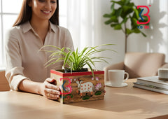 A woman smiles while holding a small potted spider plant in a decorative wooden planter box with painted floral and animal motifs, set on a wooden table in a bright indoor setting.