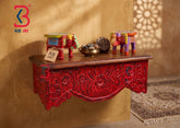 KB ART Wooden Red Carved Shelf - Close-Up of Hand-Carved Artisan Texture - Handcrafted Wooden Decor Jodhpur