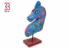 KB ART Blue Lotus Painted Horse Head Sculpture - Front View of Handcrafted Detailing - Handcrafted Wooden Decor Jodhpur