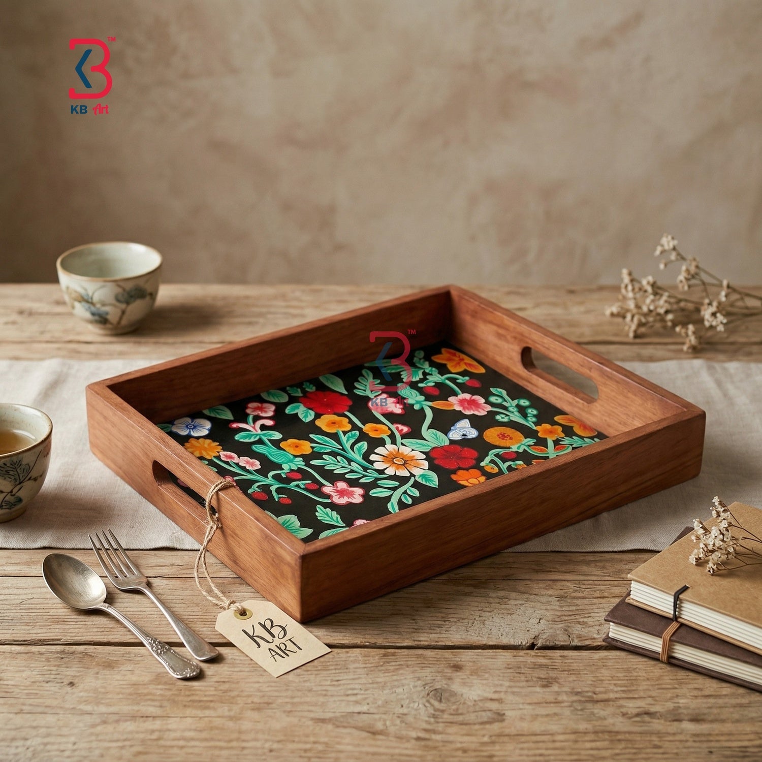 KB ART Wooden Rectangle Floral Tray - Styled Display in Home Interior Setting - Handcrafted Wooden Decor Jodhpur