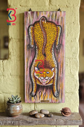 KB ART Wooden Tiger Painting Wall Panel in Yellow – Handpainted Emboss Art Rajasthani Wall Decor