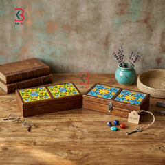 KB ART Handcrafted Wooden Tile Box with Hand-Painted Ceramic Detailing – Jodhpur Decorative Storage Piece