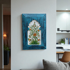 KB ART Handpainted Wooden Jharokha Wall Panel – Turquoise Floral Mughal Arch Decor | Antique Look Wall Hanging