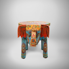 KB ART Handpainted Wooden Elephant Stool – 8 Inch Multicolour Amboz Jodhpuri Art | Antique Look Handcarved Home & Table Décor