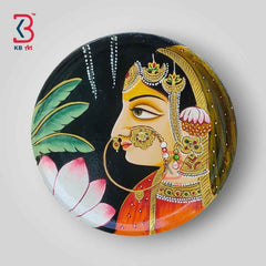 KB ART 12x12 Inch Round Handpainted Wooden Pichwai Wall Plate – Radha Rani Face Art on Black Base – Traditional Rajasthani Wall Decor