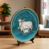 KB ART 12x12 Inch Round Wooden Pichwai Cow Wall Plate  | Handpainted Blue Lotus Cow Art | Traditional Indian Home Decor