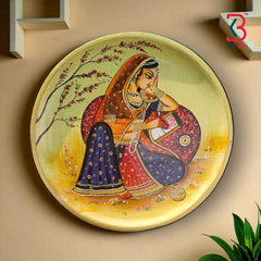 KB ART 12x12 Inch Round Handpainted Wooden Pichwai Wall Plate – Traditional Rajasthani Lady Writing on Book – Cream Base Wall Decor