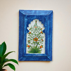 KB ART Handpainted Wooden Jharokha Wall Panel – Dark Blue Floral Mughal Arch Decor | Antique Look Wall Hanging