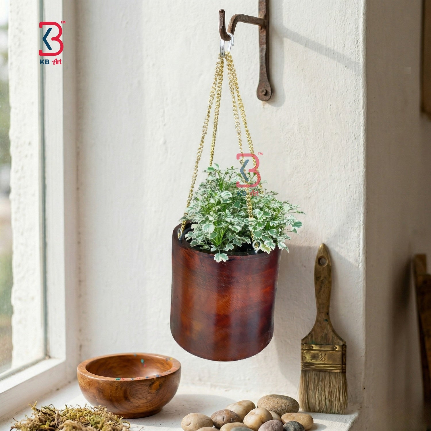 KB ART Hanging Cylindrical Wooden Planter - Styled Display in Home Interior Setting - Handcrafted Wooden Decor Jodhpur